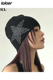 Star Rhinestone Black Knitted Beanies for Women Trashy Y2k Accessories Winter Hat Streetwear