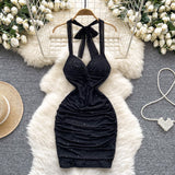 Wind Hanging Neck Sling Dress Women Summer Shiny Folds Design Ass Short