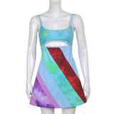 Patchwork Stripe Spaghetti Strap New Dress Summer 2021 Front Cut Out Sexy Rave Party Dresses Off Shoulder Robe