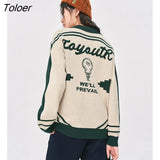 Women Sweaters 2022 Winter Long Sleeves Polo Neck with Buttons Knitted Pullover Graphic Print Vintage Casual Chic