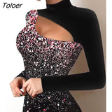 New Print Cutout Front Long Sleeve Bodycon Dress Women Sexy Hollow Out Slim Fit Long Sleeve Autumn Dress Sequins Black