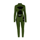 Women Bodycon Jumpsuit Solid Color Overalls Long Sleeves Rompers Bodysuits High Neck Hollow Out Buckle Biker Short