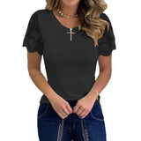 Shirts for Women Casual Summer O Neck Short Sleeve Tops Lace Patchwork Design Slim Fit Pullovers Top 2021 Blusa