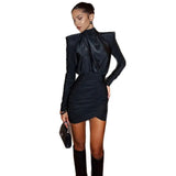 Women's Clothing 2025 Autumn And Winter New Solid Fashion High-Neck Long-Sleeved Wrinkles Sexy Ass Dress
