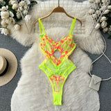 Print Lace Mesh Camis Rompers Fashion Underwear Transparent Slim Jumpsuits 2023 Women Strap Hollow Out Sexy