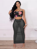 Summer Beach 2 Two Piece Set Outfits For Women Skirts Backless Cami Strap Crop Top Mesh Maxi Skirts Matching Dress