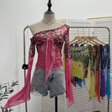 Hottie Sexy Leopard Print Mesh Fake Two Strap Long-Sleeved Top Short Slanted Shoulder T-Shirt