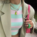 2021 Stripe Knit Crop Top Women Y2K Summer Sleeveless Green Casual Beach Off Shoulder Vintage Fashion Sexy Tank