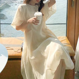 Dresses Women Solid Chiffon Tender Ladies Temperament Ins French Style O-neck Puff Sleeve Dating Fashion Mujer Pockets