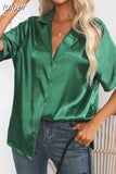 Summer Short Sleeve Shirt Solid Satin Silk Shirt Button Up Blouse Loose Office Ladies Tops Casual Shirts Elegant
