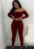 Ribbed Basic Off Shoulder Crop Top and Pants 2pc