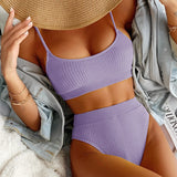 High Waist Bikinis 2021 Beach Solid Ribbed Push Up Bathing Suit Brazilian Swimwear Biquini Set Female Swimsuit
