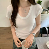 Solid Color U-Collar Short-Sleeved T-Shirt Women's New Springy Slim, Simple And Easy To Wear In Summer-Outfit