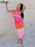 Summer Sexy Beach 2 Two Piece Sets For Women Outfits Sleeveless Backless Crop Top Maxi Skirts Patchwork Matching Sets
