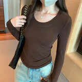 Round-Neck Ins Long-Sleeved Blouse Women's New Autumn Solid Color Cashmere Basic Slim Bottomed Blouse-Outfit