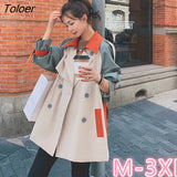 Jackets Women Vintage Patchwork Windbreaker Coat Womens High-waist Sashes Lapel All-match 3XL Slim Casual Fashion