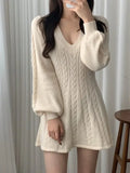 Color Cute V-Neck Cable Knit Long Sleeve Mini