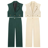 New Women's Short Lap Collar Vest Vest Top High Waist Broad Leg Trousers