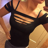 Style Sexy Women Shirts Low Cut Black Bust Hollow Out Sexy Bandage Solid Vest Slim Short Sleeve Tops