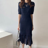 Chic Korean Temperament Slim Sexy Hollow Out Dresses O Neck Short Sleeve Wrap Hip Knitted Dress White Lady Summer