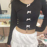 Multi Cute Bow Single-breasted Knitted Top Y2K Lace Trim Solid Japanese Lolita Style Cropped Tops Sweet T-shirt Tees New-Outfit