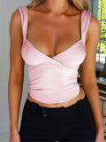 Women Solid Ruched Camisoles Deep V-neck Sleeveless Tie-Up Backless Tank Tops Summer Party Mini Vest Streetwear 2024-Outfit