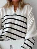 Women's Striped Half Zipper Knitting Sweaters Chic Long Sleeve Pullover Jumper 2022 Autumn Vintage Thick Warm Female