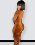 Casual Velvet Ruched V Neck Long Sleeve Bodycon