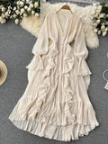 Bohemian Beach Long Dress Summer Women 2022 Ruched Long Sleeves V Neck Elegant Elastic Waist A Line Beach