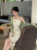 Knitted Cardigan Print Spaghetti Strap Backless Split Sleeveless Elegant Bodycon Dress Suit Two Piece Sets Womens