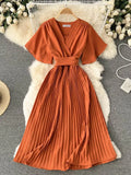 Women's Dress Temperament French Pleated Slim Long Vacation Style Chiffon Pleated Skirt Solid Color V-neck Women's
