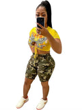 Summer Clothes Streetwear 2 Two Peice Sets Outfits Women Short Sleeve Crop Top Camouflage Shorts Mesh Yellow Matching