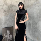 Women Retro Vintage Cheongsam Dresses Party Long Split Slim Bodycon Dress Black 2023 New Female Casual Fashion Velvet Vestidos-Outfit