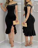 Women Sexy Shiny Rhinestone Embellished Off Shoulder Bodycon
