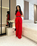 Summer New Solid Color Round Collar Sleeveless Top High Waist Broad Leg Pants Two Sets Of