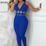 Women Casual Solid Hollow Out Halter Buckled Contrast Mesh Deep V Neck Hole Sleeveless Bandage Jumpsuit-Outfit