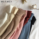 WOTWOY Ribbed Knitted Turtleneck Sweater Women Autumn Winter Slim Fit Basic Pullover Female Long Sleeve Black White