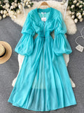 Vintage Women Long Chiffon Blouse Female Elegant Lantern Sleeve High Waist Slim Split Outerwear Blue Tuxedo Shirts Autumn