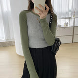 Shoulder Long-Sleeved T-Shirt Women's Spring And Autumn Color Foreign-Style Blouse Thread Slim Short Style Bottomed Blouse Trend-Outfit