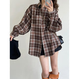 Women's Brushed Diagonal Button Plaid Blouse Long Sleeve Loose Casual