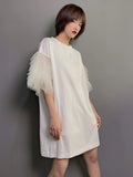Loose White T Shirt For Women Round Neck Short Sleeve Lace Panel Solid Oversized T Shirts Female Summer Clothing