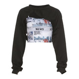 Graduation party Gothic Two Pieces Sets Skinny Black O Neck Long Sleeve Women Crop Tops White T-Shirts With Print Camisole