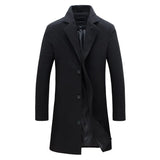 Autumn Winter Men Wool Blends Jacket Medium-Length Slim Single-Breasted Men Casual Trench Coat Solid Color Coat