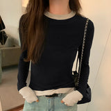 Collision Design Two Long-Sleeved T-Shirts Women's Autumn And Winter New Slim Cashmere Warm Bottomed Blouse-Outfit