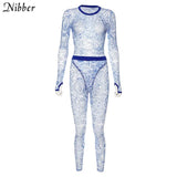 mesh printing see-through bodysuit leggings 2two pieces sets women sexy stretch Slim Soft Pullovers Long sleeve