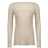 Knitted Cute Y2K Sweater Tops For Women Aesthetic Vintage Khaki Pullovers Top Square Collar Long Sleeve Kawaii
