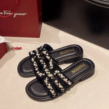 Summer New Small Scented Pearl Slippers Women Wear Flat Bottom One-Word Drag Beach Cool Drag
