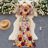 High-End Elegant Heavy Industry Flower Embroidery Round Collar Lantern Sleeves To Close The Waist Slim Slimmed Fishtail Dress