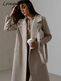 Women Autumn Woolen Long Sleeve Coat Lapel Lace-up Office Lady Long Jackets Female Elegant Windbreaker Thicken Streetwear