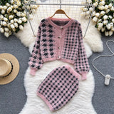 Fashion Plaid Knitted Two Pieces Suits Long Sleeve Short Sweater Cardigan+Mini Bodycon Dress Streetwear Autumn
